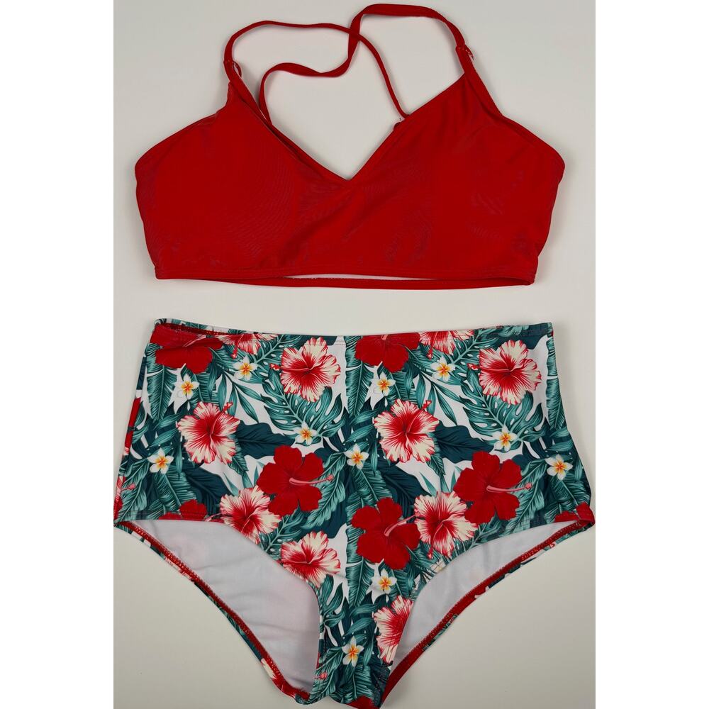 Women’s Tropical Floral High Waisted Bikini Set Red Green Swimsuit Size Large